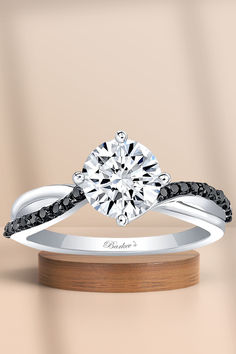 a white diamond ring with black diamonds on the band and a wooden stand for display