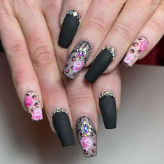 50 Cute and Easy Rhinestone Nail Designs Pink And Black Nail Art, Art Styles To Try, Black Nail Art Ideas, Matte Black Nail Polish, Pink And Black Nails, Coffin Nail Art, Pink Nail Colors, Black Coffin Nails