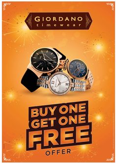 an advertisement for giordano watches with three different types of watches on orange background