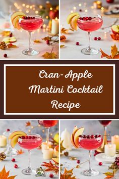 the cran - apple martini cocktail is served in coupe glasses with garnishes