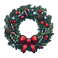 a christmas wreath with candy canes, holly branches and pine cones on white background