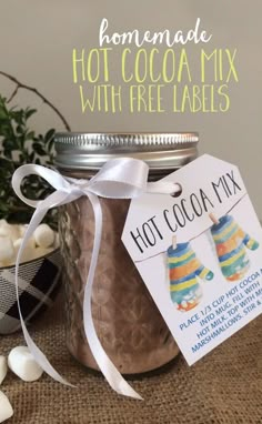 homemade hot cocoa mix with free labels in a jar