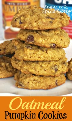 oatmeal pumpkin cookies stacked on top of each other with text overlay