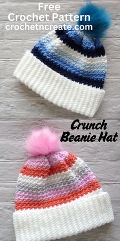 two crocheted hats with pom - poms on them