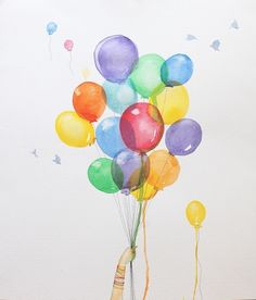 a painting of a vase filled with balloons