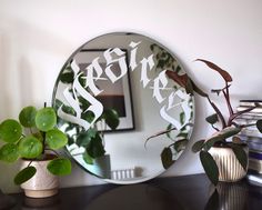 a mirror sitting on top of a table next to a potted plant and books