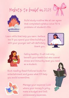 a pink poster with information about the benefits of reading books and how to use them