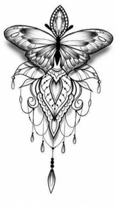 a black and white drawing of a butterfly with intricate designs on it's wings