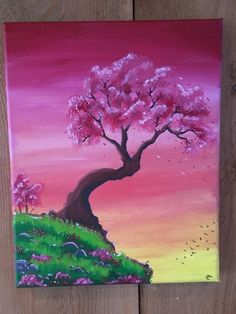 a painting of a tree with pink flowers on it