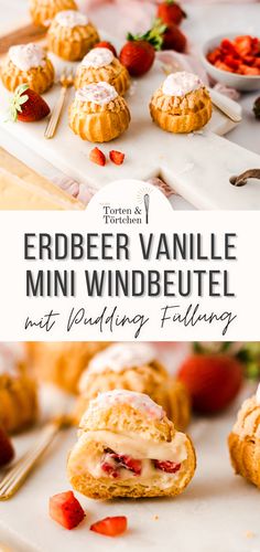 an image of a dessert with strawberries on the side and text overlay that reads, erdbeer vanille mini windebuteel