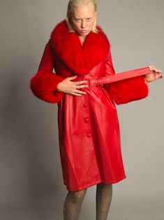 Color: Red Faux Fur Collar Material: Sheepskin Fully Lined Belt Included Lining: Polyester Single Breasted Midi length Delicate dry clean Protect accessory before washing Cool iron Modeled in size S Made-to-order (MTO) style Please allow additional 3-5 days for MTO order to be processed Style № ZC_NYC23_Foxy Leather Coat w/ Fox Fur In Red Styled with Z' Diamante Detail Over The Knee Boot Elegant Red Fur Coat For Winter, Red Fur Coat For Fall, Knee Boot, Denim Blazer, End Of Season Sale, Tweed Blazer, Faux Fur Collar, Double Breasted Blazer, Leather Blazer