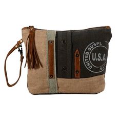 Myra Canvas Pouch. Great Looking Pouch That Can Be For So Much! Makeup. Phone. Keys Pouch. Trendy And Durable! This Delightful Pouch Offers A Unique Usa Stamp On The Front. With A Wonderful Patchwork Motif, This Delightful Bag Makes A Great Fashion Statement! It Features Several Colors Of Woven Canvas In The Company Of Leather Accents And Imprinted “Usa” Seal. Tasseled Zipper Close Top. Hand Carrying Strap In Matching Leather. More Information Materials Canvas & Leather Item Width 10.5 Item Depth 1.5 Item Height 8 Handle 6 Canvas Rug, Key Pouch, Canvas Pouch, Tote Purse, Green Bay