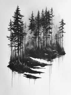 a black and white painting of trees in the woods