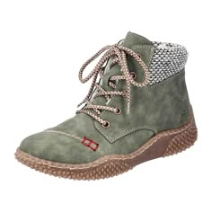 Rieker Lace-Up Boot with Warm Lining for Women, Green Rieker Lace-Up Boot with Warm Lining Slip into comfort and style with Rieker! These casual lace-up boots with a gray, medium-high shaft are versatile for everyday wear and leisure looks. The clever combination of zipper and lacing allows for easy on and off. The sturdy yet lightweight outsole with a comfortable heel provides stability with every step. The super soft insole ensures all-day comfort. Not to mention, the cozy warm lining makes these boots a perfect choice for chilly days. Don't wait, grab a pair now!  Product Details:  Color: Green  Heel Height: 4.9 cm  Heel Type: Wedge Heel  Toe Shape: Round  Shoe Width: Normal (G)  Removable Insole: No  Sole Color: Brown  Closure: Zipper & Lacing  Water Protection: No  Reflective: No  Fit Rieker Shoes, Trendy Boots, Green Heels, Soft Shoes, Rubber Shoes, Comfortable Heels, Lace Up Ankle Boots, Casual Lace, Green Lace