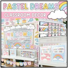 a classroom decorated with pastel dreams and rainbows