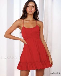 Lasaky - Elegant Dress with Alluring Camisole and Cascading Hemline Red Fitted Sundress With Ruffles, Red Solid Color Summer Dress, Red Fitted Sundress With Spaghetti Straps, Red Ruffled Sundress For Party, Casual Red Mini Dress With Spaghetti Straps, Red Casual Mini Dress With Spaghetti Straps, Chic Red Sundress With Ruffles, Red Sleeveless Flirty Sundress, Red Flowy Mini Sundress