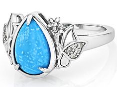 12x8mm Pear Shaped Blue Kingman Turquoise with 0.04ctw Round White Zircon Rhodium Over Sterling Silver Ring. Measures Approximately 0.74"L x 0.55"W. Not Sizeable. Accent Stones Primarily Zircon. Kingman Turquoise, Pear Shaped, Sterling Silver Ring, Sterling Silver Rings, Silver Ring, Pear, Silver Rings, Turquoise, Sterling Silver