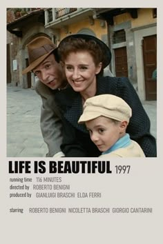 the movie poster for life is beautiful, featuring two men and a woman with hats on