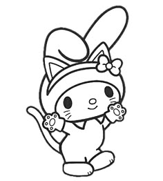 a cartoon cat with a bow on her head and paws in the air, while sitting down