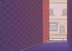 an open door in a brick wall with purple and red bricks on the outside walls