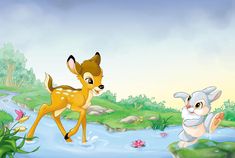 a deer and a rabbit are standing in the water