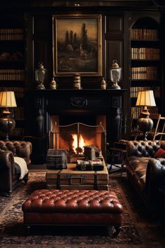 a living room filled with lots of furniture and a fire place in the middle of it