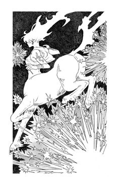 a black and white drawing of a horse running through the grass with flowers on it