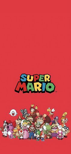 an image of the title for super mario on a red background with many characters in it