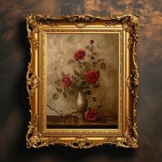 a painting of red roses in a silver vase on a brown background with gold frame