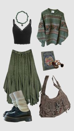 #grungeoutfits #greenaesthethic Earthy Alt Outfits, Goblincore Outfits, Alt Outfits, 70s Outfits, Hippie Clothes, Boho Style Outfits