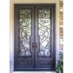 an ornate iron door with glass panels and sidelights on the front of a house