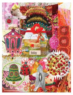 a collage with many different items and words on it, including scissors, hats, beads