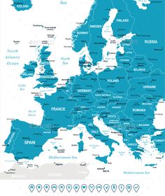 a map of europe with all the major cities in blue and grey, as well as other countries