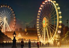 two people are standing in front of a ferris wheel at night with the lights on