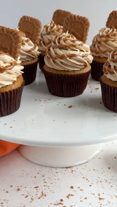 several cupcakes with frosting on a white plate