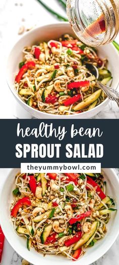 healthy bean sprout salad in a white bowl with red peppers and green onions