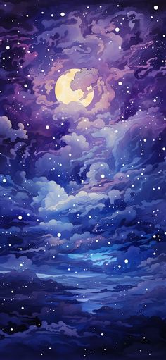 the night sky with stars and clouds painted in blue, purple and white colors on it