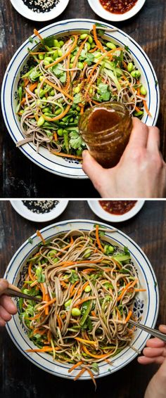 two pictures showing the process of making noodles and vegetables in a bowl with chopsticks