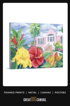 a painting of flowers in front of a pink house with palm trees and blue sky