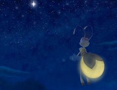 a cartoon character flying through the air at night with a star in the sky above