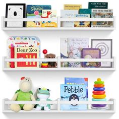 two white shelves with books and stuffed animals on them, each shelf is filled with children's books