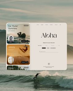 an image of a website page on the beach with surfers and mountains in the background