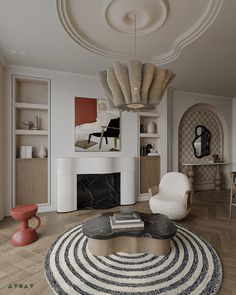 a living room filled with furniture and a fire place in the middle of the room