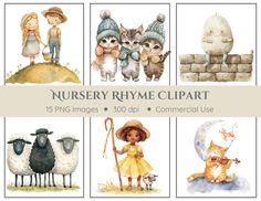 watercolor nursery clipart for children with animals, cats, and other things to paint