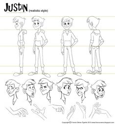 an animation character sheet for the animated version of justin, with various poses and expressions