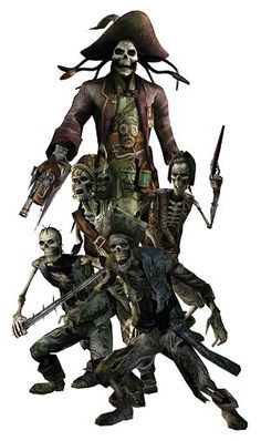 a group of zombies standing next to each other in front of a white background with an image of a pirate on it