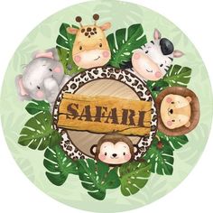 an animal themed plate with the word safari written in it's center surrounded by jungle leaves