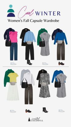 Color Analysis Winter Outfits, Winter Colour Palette Clothes, Cool Winter Color Palette Capsule Wardrobe, Clear Winter Color Palette Outfits Capsule Wardrobe, Winter Color Palette Outfit Ideas, Capsule Wardrobe Bright Winter, Winter Color Clothes, True Winter Outfits Capsule Wardrobe