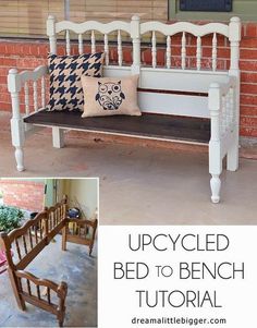 an upcycled bed to bench is shown in this collage with the words, upcycled bed to bench