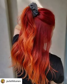 Bright Red And Copper Hair, Bright Red Hair Dark Roots, Unique Red Hair Color Ideas, Dark Red And Orange Hair, Ginger And Red Hair, Fun Red Hair Color Ideas, Fire Red Hair Color, Intense Red Hair Color, Orange And Red Hair